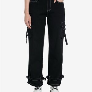 Hot Topic Black & White Contrast Stitch Strap Carpenter Pants Cargo Wide Leg Em